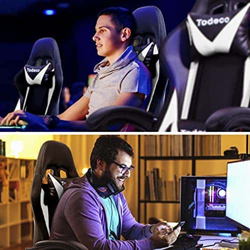 Chaise Gaming Todeco Ergonomique avec Massage, LED et Dossier Haut, Blanc