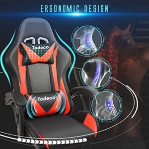 Chaise Gaming Todeco Rouge avec Massage et Lumière LED, Ergonomique