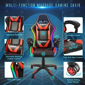 Chaise Gaming Todeco Rouge avec Massage et Lumière LED, Ergonomique