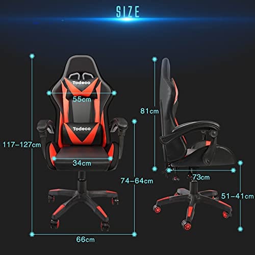 Chaise Gaming Todeco Rouge avec Massage et Lumière LED, Ergonomique