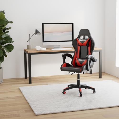Chaise Gaming Todeco Rouge avec Massage et Lumière LED, Ergonomique