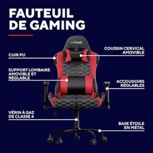 Chaise Gaming Trust Gaming GXT 708R – Dossier Réglable, Pivot 360° – Rouge