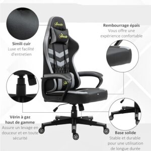 Chaise Gaming Vinsetto Ergonomique Noir et Gris avec Appui-tête Amovible