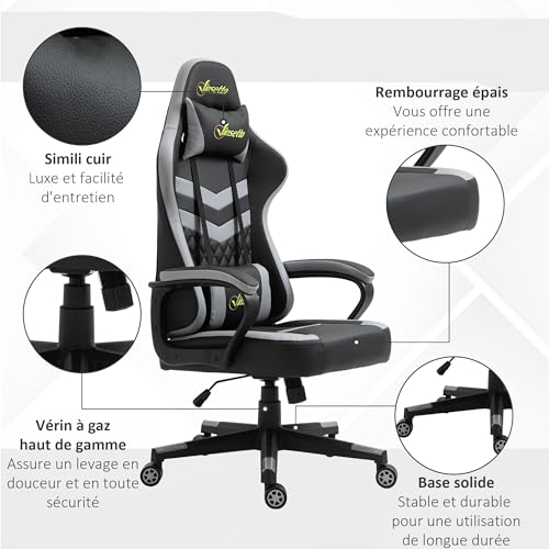Chaise Gaming Vinsetto Ergonomique Noir et Gris avec Appui-tête Amovible