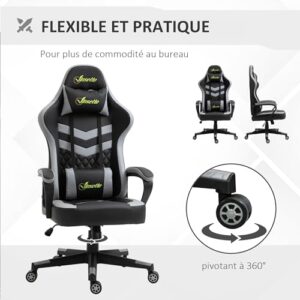 Chaise Gaming Vinsetto Ergonomique Noir et Gris avec Appui-tête Amovible