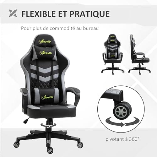 Chaise Gaming Vinsetto Ergonomique Noir et Gris avec Appui-tête Amovible