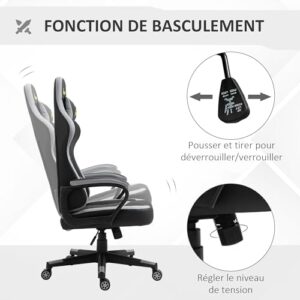 Chaise Gaming Vinsetto Ergonomique Noir et Gris avec Appui-tête Amovible