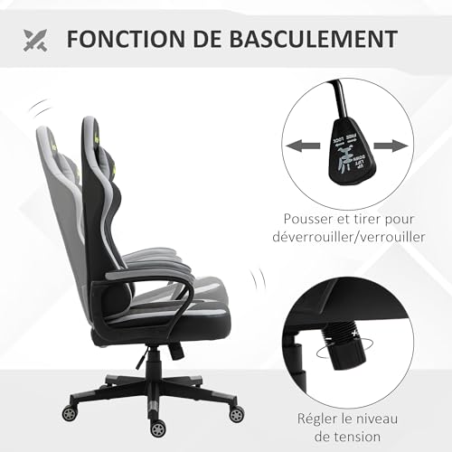 Chaise Gaming Vinsetto Ergonomique Noir et Gris avec Appui-tête Amovible