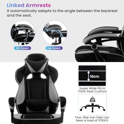 Chaise Gaming WOLTU GS04szg Ergonomique Noir+Gris pour Joueurs et Bureau
