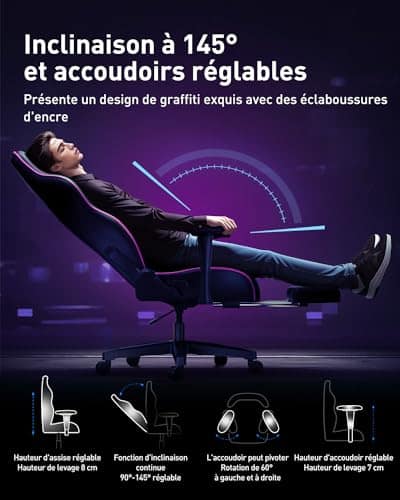 Chaise de Bureau Ergonomique AutoFull Graffiti avec Repose-Pieds et Soutien Lombaire Violet