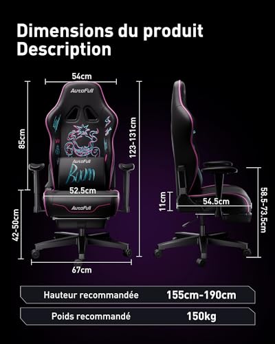 Chaise de Bureau Ergonomique AutoFull Graffiti avec Repose-Pieds et Soutien Lombaire Violet