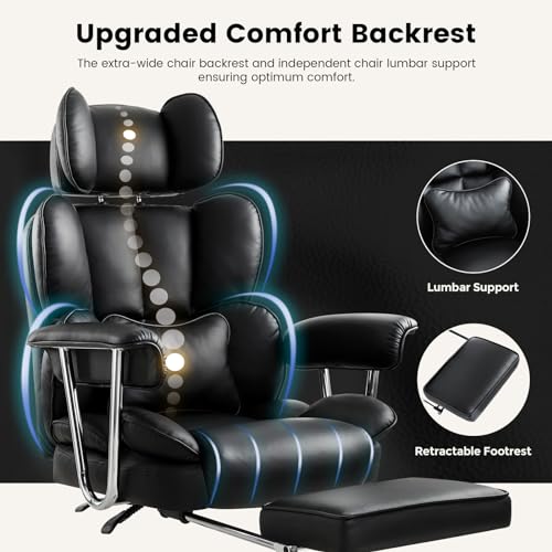 Chaise de Bureau Ergonomique IWMH Simili Cuir Noir, 180kg, Réglable