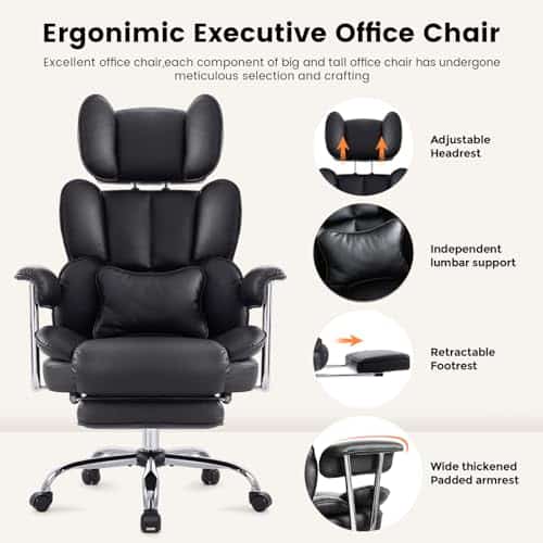 Chaise de Bureau Ergonomique IWMH Simili Cuir Noir, 180kg, Réglable
