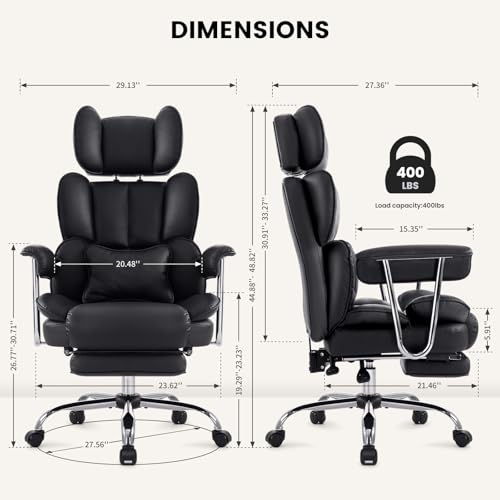 Chaise de Bureau Ergonomique IWMH Simili Cuir Noir, 180kg, Réglable
