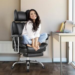 Chaise de Bureau Ergonomique IWMH Simili Cuir Noir, 180kg, Réglable