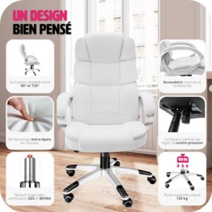 Chaise de Bureau Ergonomique TecTake® Gaming avec Accoudoirs et Appui-tête – Blanc