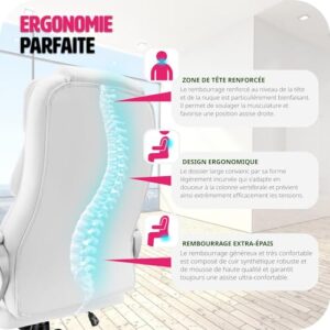 Chaise de Bureau Ergonomique TecTake® Gaming avec Accoudoirs et Appui-tête – Blanc
