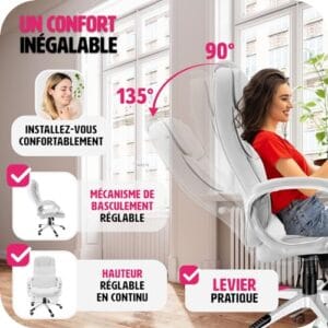 Chaise de Bureau Ergonomique TecTake® Gaming avec Accoudoirs et Appui-tête – Blanc