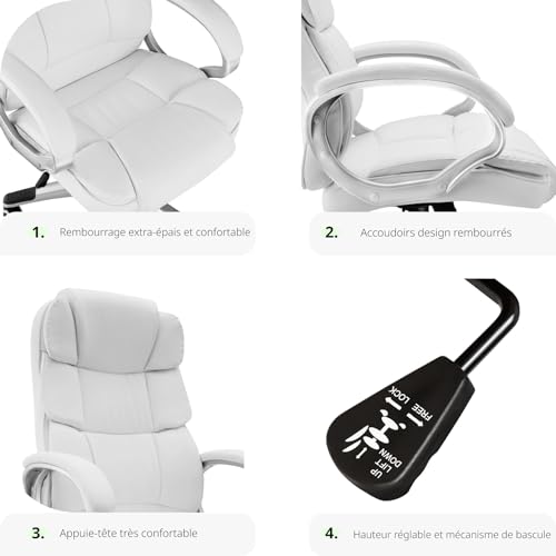 Chaise de Bureau Ergonomique TecTake® Gaming avec Accoudoirs et Appui-tête – Blanc