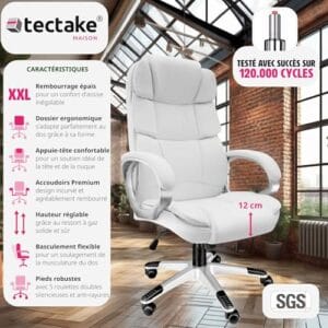 Chaise de Bureau Ergonomique TecTake® Gaming avec Accoudoirs et Appui-tête – Blanc