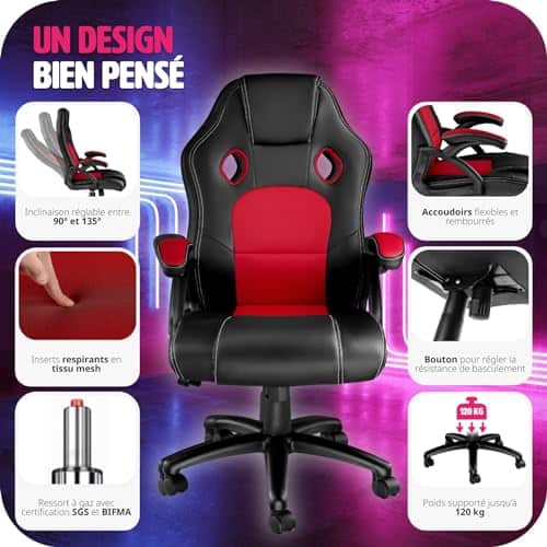 Chaise de Bureau Ergonomique TecTake® avec Accoudoirs et Hauteur Réglable