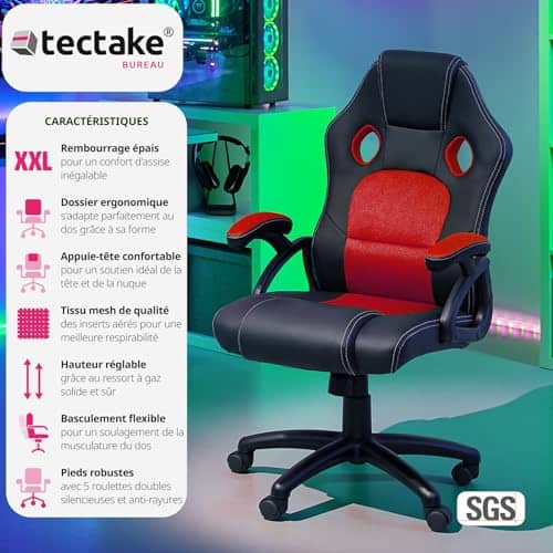 Chaise de Bureau Ergonomique TecTake® avec Accoudoirs et Hauteur Réglable