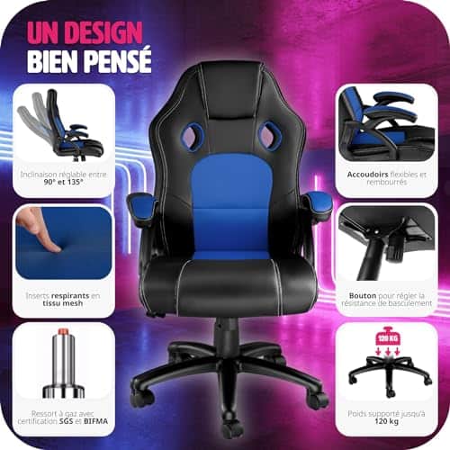 Chaise de Bureau Ergonomique TecTake® avec Accoudoirs et Rembourrage Épais