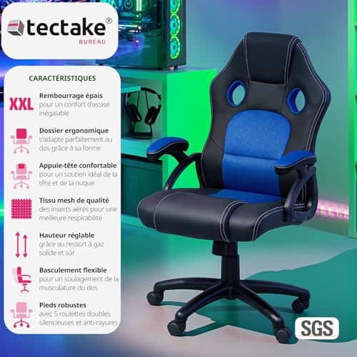 Chaise de Bureau Ergonomique TecTake® avec Accoudoirs et Rembourrage Épais