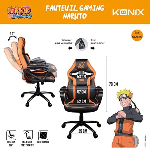 Chaise de Bureau Gaming Konix Naruto Shippuden – Inclinaison 15° et Motif Konoha