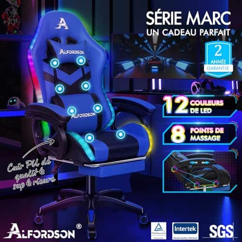 Chaise de Gamer ALFORDSON Ergonomique avec Coussin Lombaire et Appui-tête Bleu