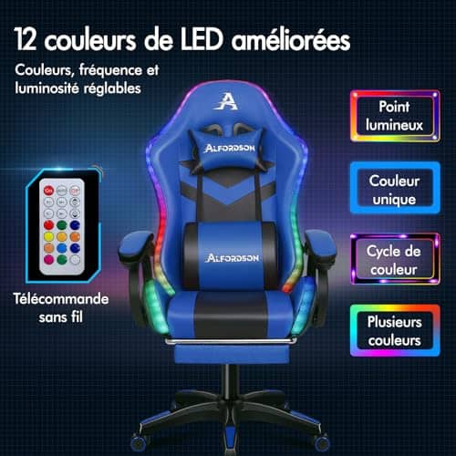 Chaise de Gamer ALFORDSON Ergonomique avec Coussin Lombaire et Appui-tête Bleu