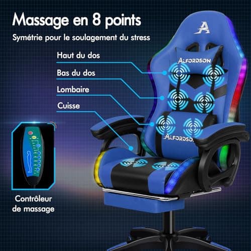 Chaise de Gamer ALFORDSON Ergonomique avec Coussin Lombaire et Appui-tête Bleu
