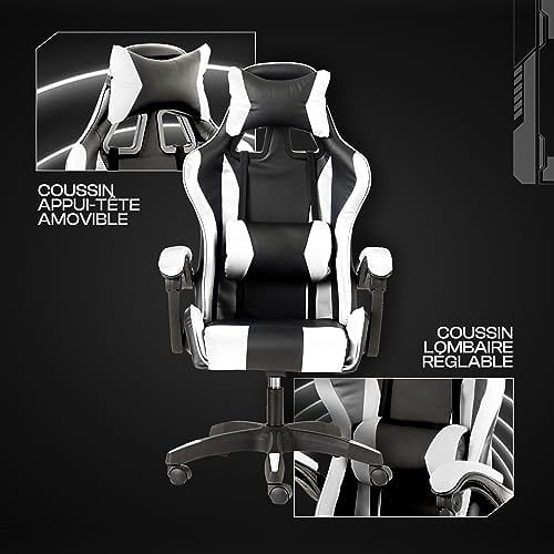 Chaise de Gaming Baroni Home Ergonomique avec Dossier Réglable Blanc