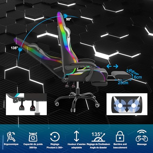 Chaise de Gaming Devoko LED Ergonomique avec Massage et Repose-Pieds – Blanc
