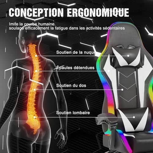 Chaise de Gaming Devoko LED Ergonomique avec Massage et Repose-Pieds – Blanc