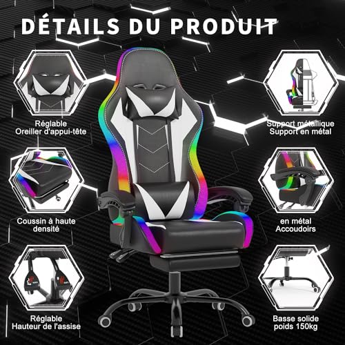 Chaise de Gaming Devoko LED Ergonomique avec Massage et Repose-Pieds – Blanc