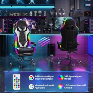 Chaise de Gaming Devoko LED Ergonomique avec Massage et Repose-Pieds – Blanc