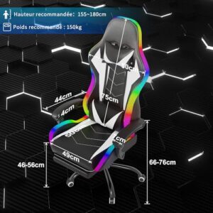Chaise de Gaming Devoko LED Ergonomique avec Massage et Repose-Pieds – Blanc