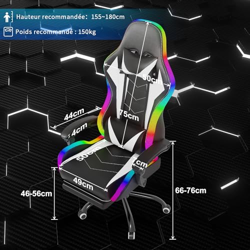 Chaise de Gaming Devoko LED Ergonomique avec Massage et Repose-Pieds – Blanc