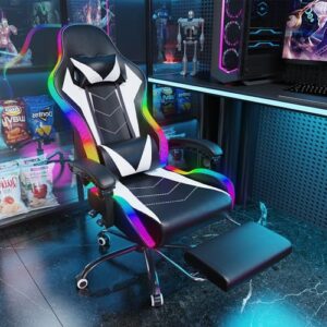 Chaise de Gaming Devoko LED Ergonomique avec Massage et Repose-Pieds – Blanc