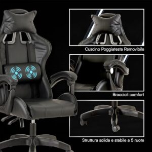 Chaise de Gaming Ergonomique Baroni Home avec Massage Lombaire et Support Dorsal