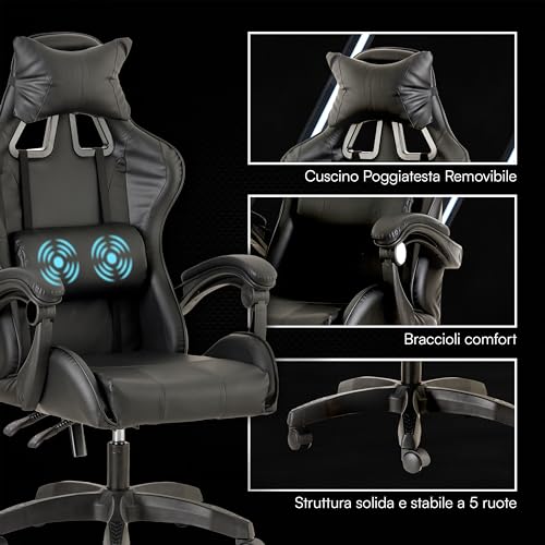 Chaise de Gaming Ergonomique Baroni Home avec Massage Lombaire et Support Dorsal