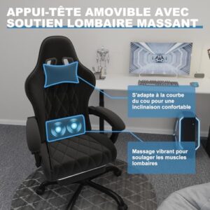 Chaise de Gaming Ergonomique Flamaker avec Repose-Pieds, 150 kg, Noir