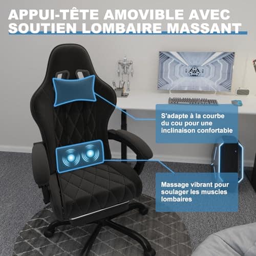 Chaise de Gaming Ergonomique Flamaker avec Repose-Pieds, 150 kg, Noir