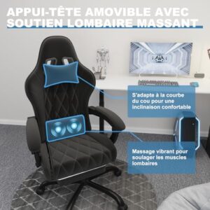 Chaise de Gaming Ergonomique Flamaker avec Repose-Pieds, 150 kg, Noir