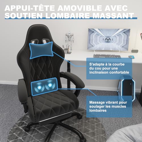 Chaise de Gaming Ergonomique Flamaker avec Repose-Pieds, 150 kg, Noir