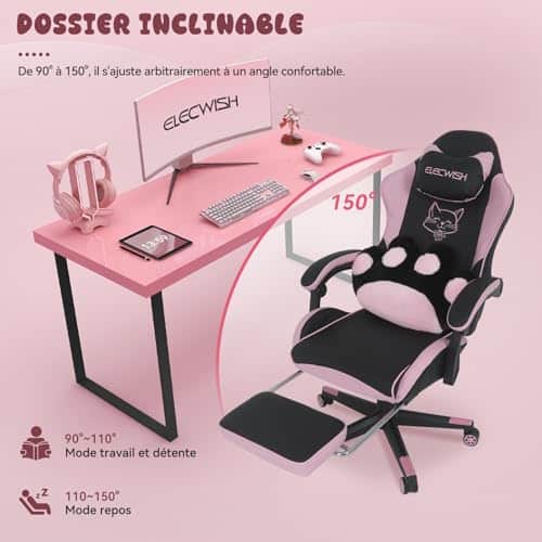 Chaise de Gaming Ergonomique YU YUSING avec Appui-tête et Repose-Pieds Rose