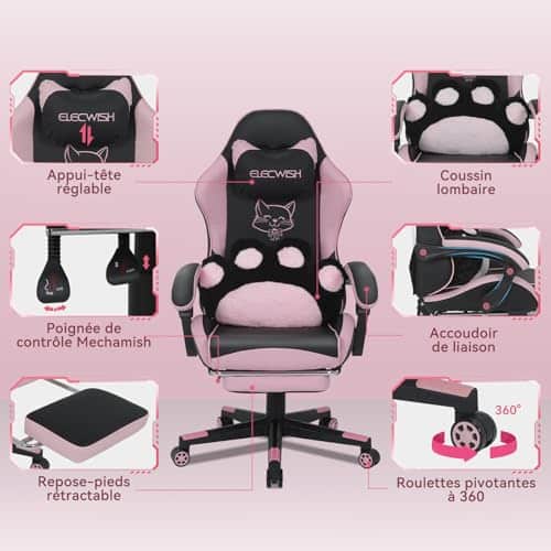 Chaise de Gaming Ergonomique YU YUSING avec Appui-tête et Repose-Pieds Rose