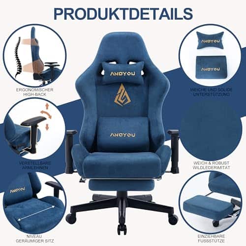 Chaise de Jeu Andyou Ergonomique avec Repose-Pieds et Coussin Lombaire – Bleue