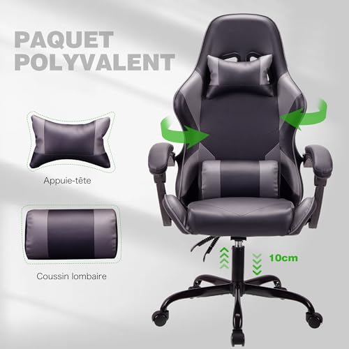 Chaise de Jeu Ergonomique T-THREE en Cuir avec Soutien Lombaire et Appui-tête